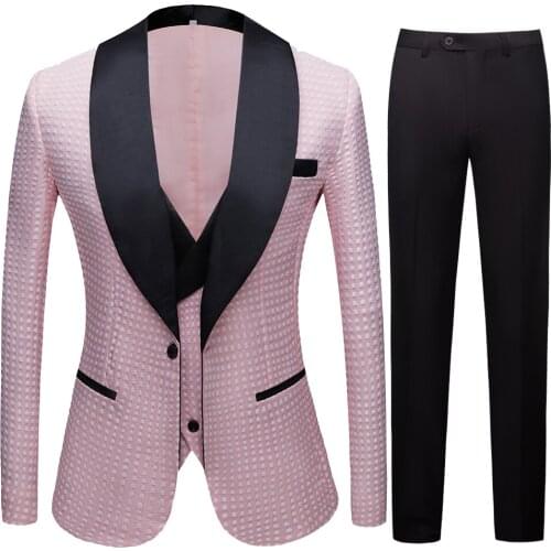 Mens gold plated black collar suit Set Wedding Pink Dot Floral Pattern Slim Fit Party Prom Dress Tuxedo Singers Costume Suit