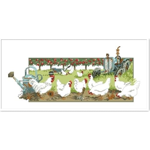 Autumn garden cross stitch kit animal hen gooster 18ct 14ct 11ct white fabric cotton thread embroidery DIY handmade needlework