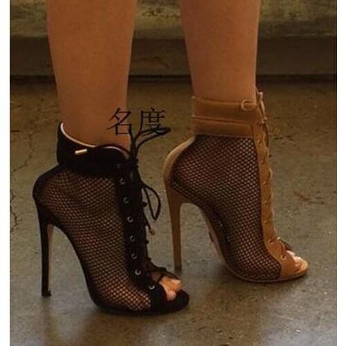 New Fashion Women Open Toe Lace-up Mesh Ankle Gladiator Boots Brown Black High Heel Short Boots Sexy Dress Shoes