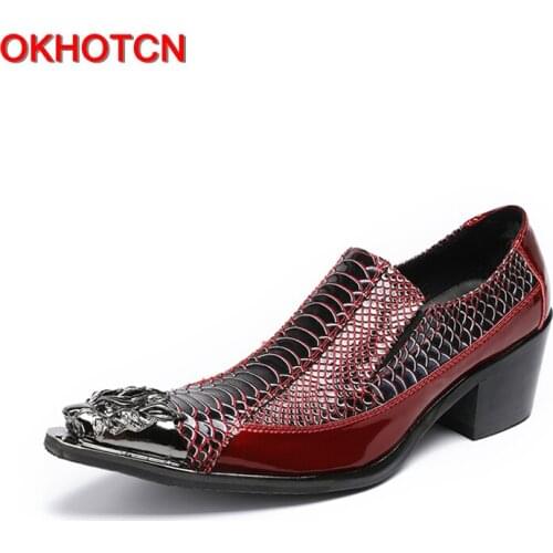 OKHOTCN Mental point toe red crocodile grain man formal shoes male oxford office business party dress wedding shoes suit shoes