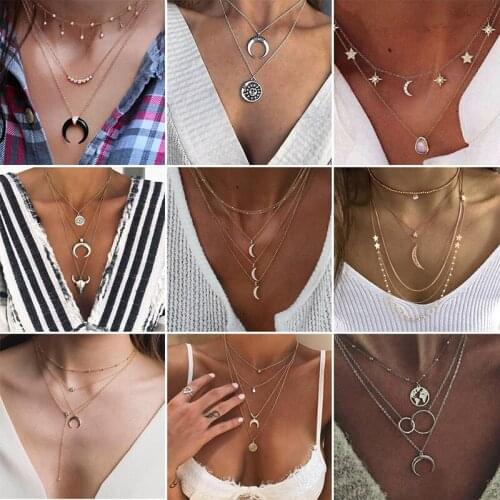 New Fashion Vintage Multilayer Crystal Pendant Necklace Women Gold Color Beads Moon Star Horn Crescent Choker Necklaces Jewelry