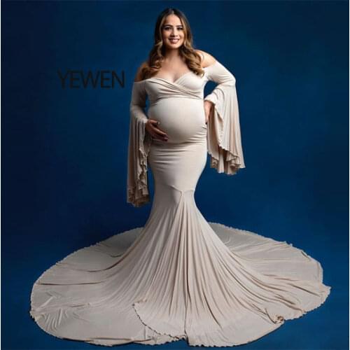 Stretch Fabric V Neck Long Sleeves Mermaid Style Maternity Gown for Photo Shoot Babyshower Custom Color