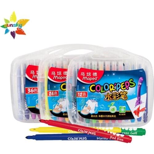 Maped 12/18/24 color Childrens safe and non-toxic washable color pen paper/plastic box Thin rod cone head drawing art supplies