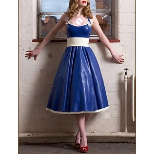 Sexy Blue Halter Latex Dresses Rubber Ball Gowns Women Formal Long Dress Backless with Belt