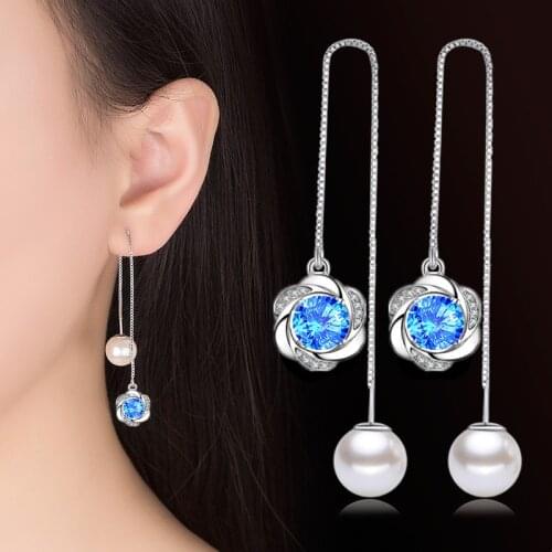 Romantic Whirlpool Flower Swing Drop Earrings Long Box Chain Ear Line Shiny Zircon Pearl Dangle Earring Piercing Accessory Gifts