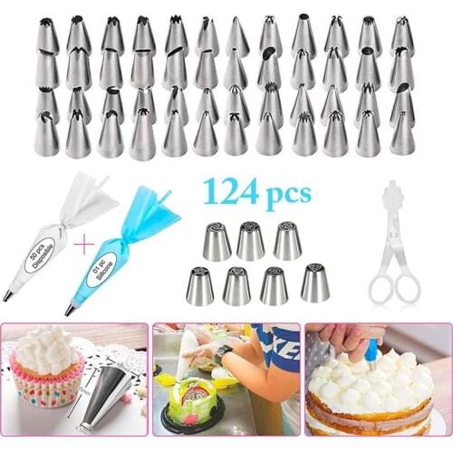 124 Pcs/Set Cake Tools Stainless Steel Cream Nozzle Pastry Piping Bag Anti-Slip Turntable Scraper For Cake Decorating Supplies