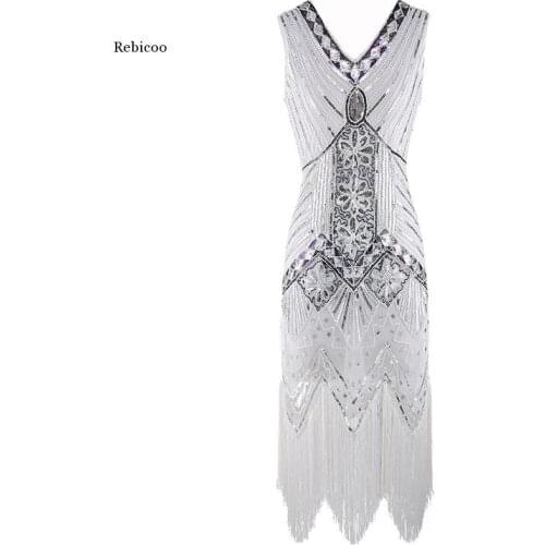 Vintage Dress Great Gatsby Dress 1920s Sequin Flapper Dress Prom Tassel Hem Dress