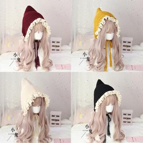 Womens Soft Sister Lace-up Tassel Woolen yarn Hat Sweet Lolita Winter Earmuff Knitted Hat Japanese Warm Knitting Cap Mori Girl