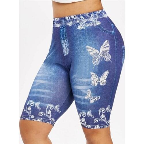 Womens Shorts Plus Size Skinny Butterfly Print Casual Jeggings Faux Denim Jean Shorts For Women Summer Spodenki Damskie