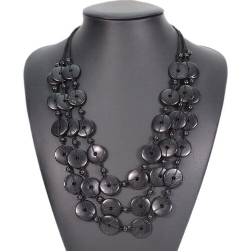 Handmade Black Wood Bead Choker Necklaces Women Bohemian Multi Layers Beaded Statement Necklace Beach Jewelry UKNE