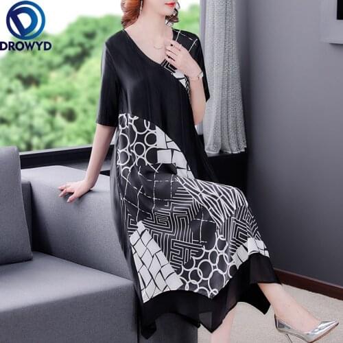Black Loose V-neck Casual Midi Dresses 2021 New Summer Vintage Print Mulberry Silk Satin Maxi Dress Elegant Women Party Vestidos
