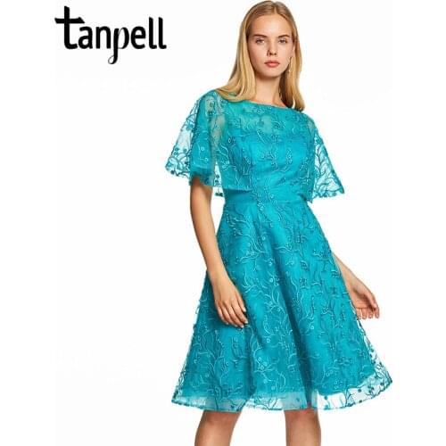 Tanpell cap sleeves a line prom dresses blue lace embroidery knee length gown women cocktail party homecoming formal prom dress
