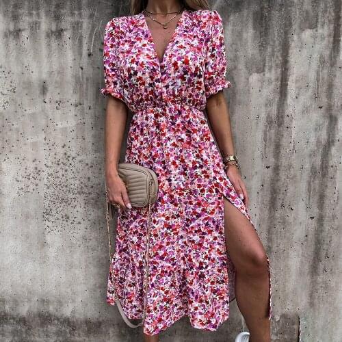 Ladies Floral Print V Neck Slit Party Dress 2021 Women Spring Summer Short Sleeve Maxi Dress Casual Elastic Waist Long Dress