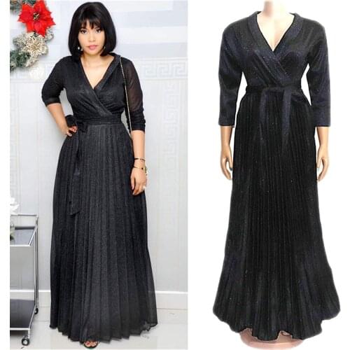 African Clothing For 2021 Women Pleated Long Sleeve Maxi Dress V-neck High Waist Evening Gown Party Dresses Lady Vestido Fashion