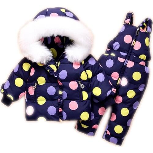 Baby Boys Winter Clothes Infant Jacket Dot Pattern Coat With Big Fur For Baby Girls Down Jacket Set Childrens Winter Snowsuits
