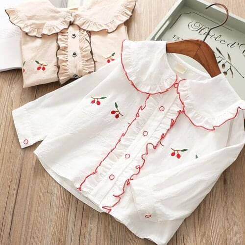2019 Korean Princess White Shirt Cherry Embroidery Ruffle Long Sleeves Girl Blouse 2 3 4 5 6 Years Baby Kids Clothing Girl Shirt