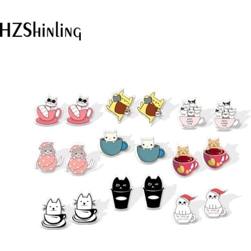 2020 New Cat Cup Coffee Stud Earring Cartoon Cute Cats Acrylic Earrings Resin Epoxy Jewelry Gifts Girl