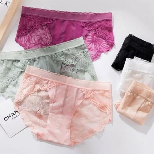 3Pcs/Pack Pure Color Breathable Ice Silk Panties Underwear Sexy Women Hollow Out Lace Briefs Lingerie Seamless Underpants Female