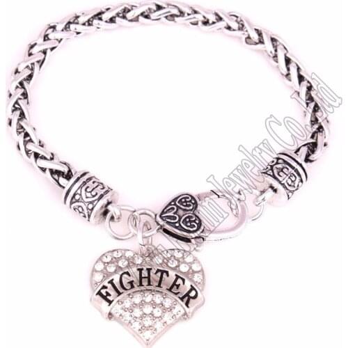 20CM length rhodium plated studded with sparkling crystals FIGHTER heart pendant charm bracelet