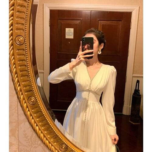 New Arrival French Style Vintage White Diamonds Long Sleeve Waisted Dresses Slim Long Dress