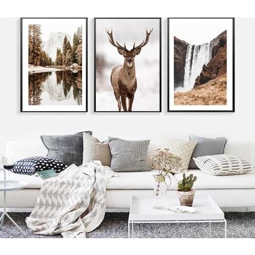 Mountain Landscape Animal Deer Picture Nature Snow Lake Tree Scandinavian Poster Nordic Wall Art Canvas Painting Home Decoration