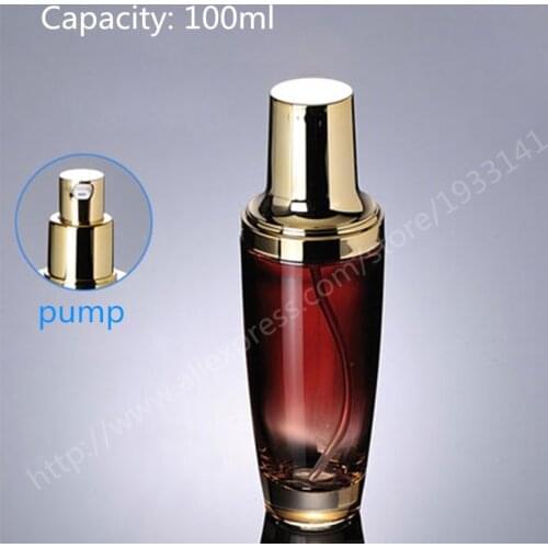 Hot sale 100 x 100ml colored glass bottles for sale, empty 100cc red glass pump bottle with gold lid,cosmetic packaging