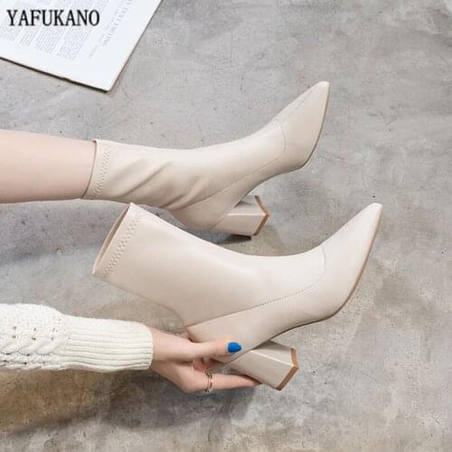 Fashion Pointed Toe White Stovepipe Boots Square Heel Short Boots High Heels Solid Genuine Leather British Style Mid-Calf Boots