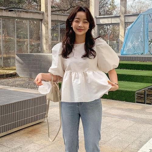 2021 Fashion Chic Shinny Blouse Women Summer Blouse Short Puff Sleeve Pleated O Neck Ladies Shirt Korean New Loose Tops13551