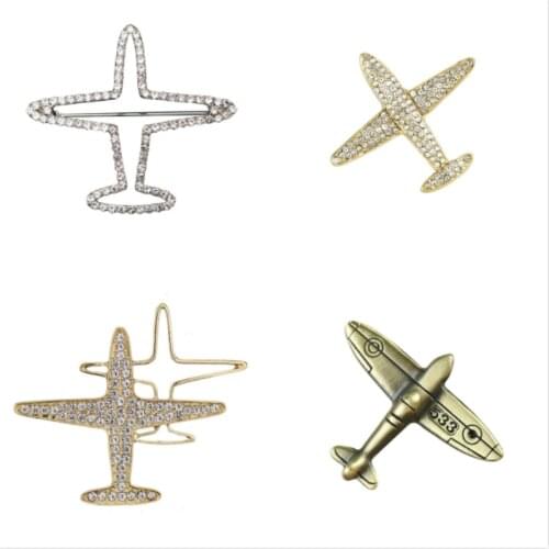 Trendy Aircraft Plane Brooches Crystal Metal Mens Suit Lapel Pins Corsage Shirt Collar Badge Buckle for Men Women Accessories