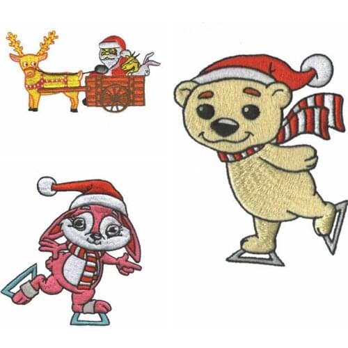 Cartoon Christmas Series Embroidered Skating rabbit Patches for clothing Santa Claus Ice skating bear Patch Clothes Stickers