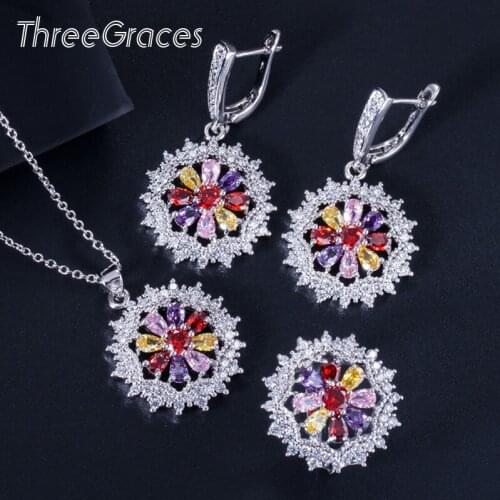 ThreeGraces New Fashion Women Jewelry Sets Blue Cubic Zirconia Crystal Round Flower Shape Necklace Earrings Ring Set JS043