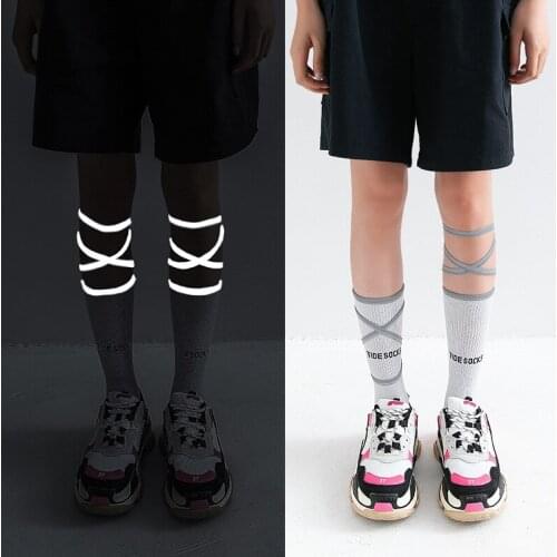 Ins New Women Fluorescent Socks Bandage Fashion Fun Bar Night Reflective Cross Personality Calf Tide Leg Crew