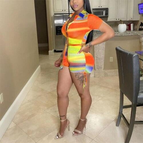 Thorn Tree Rainbow Striped Bodycon Playsuits Women Bandage Short Sleeve Summer Outfits Sexy Night Clubwear Shorts Rompers 2021