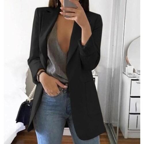Solid Long Style Black Women Jacket and Blazer Female Notched Collar Asymmetrical Ladies Blazer feminino Coat chaqueta mujer