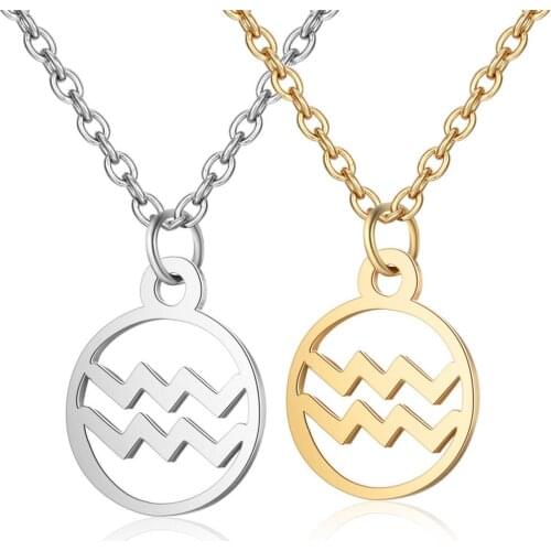 2pcs Aquarius Stainless Steel Constellation Pendant Necklace Round Coin Zodiac Sign Statement Silver Gold Necklace For Women