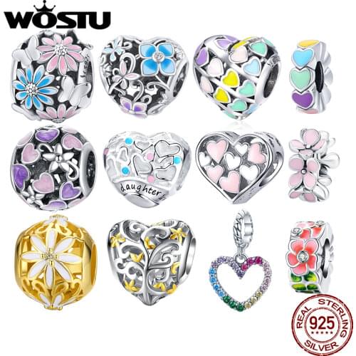 WOSTU Authentic 925 Sterling Silver Colorful Heart Beads Charms Pendant Fit Bracelets Women Party DIY Fine Jewelry Gift Making