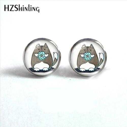 2020 New Cat and Donut Stud Earring Cute Cats Sweet Earrings Handmade Round Glass Dome Art Printed Jewelry
