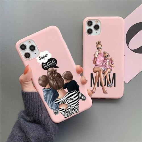 Super Mom Baby Pattern Phone Case For iphone 12 11 Pro Max Mini XS 8 7 6 6S Plus X SE 2020 XR Matte Candy Pink Silicone cover