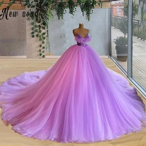 Purple Puffy Flowers Sleeveless Wedding Dress 2021 Sexy V-Neck Tulle Bridal Gown Corset Prom Dresses Robe de mariee