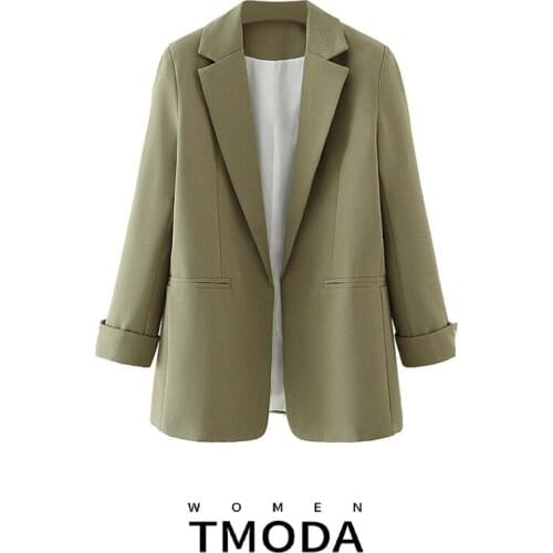 TMODA395 Za 2021 Women Fashion Office Wear Solid Green Blazers Coat Vintage Long Sleeve Pockets Female Outerwear Chic Tops