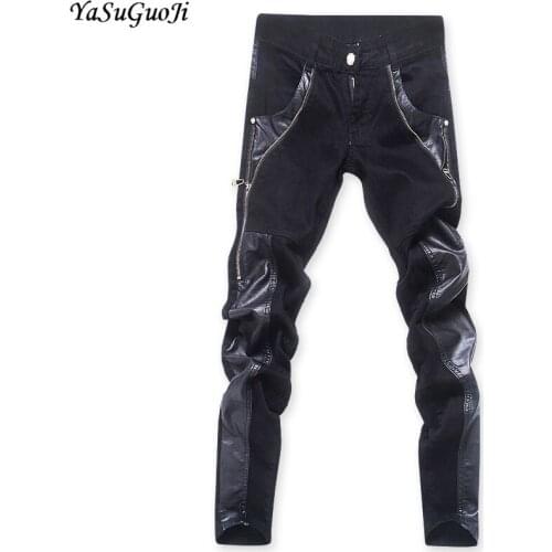 YASUGUOJI Fashion Punk Style Pu Leather Patchwork Black Jeans Slim Zipper Desgin Skinny Jeans Men Party Wear Men Jeans Pants