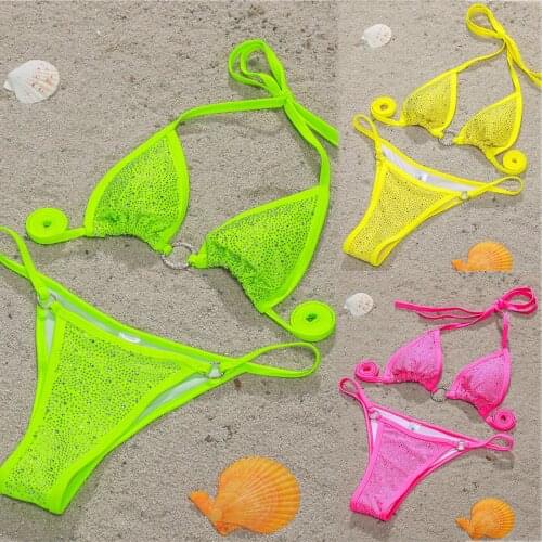 Solid color stitching sexy bandage bikini inlaid with diamond decoration split 2021 summer womens swimsuit new fashion trend wo