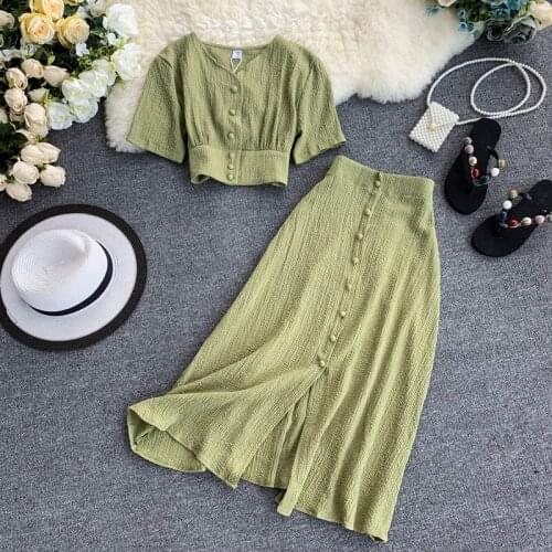 Fashion Summer Women Summer 2 Piece Sets Short Sleeve Crop Top And Long Skirts 2020 New Ladies Solid Casual Suit Set Korean