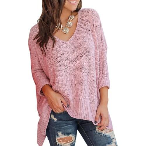 Umeko 2020 Autumn Winter Fashion Plus Size Oversized Sweaters Women Casual Solid V-neck Loose Knitted Pullovers Jumpers Ladies