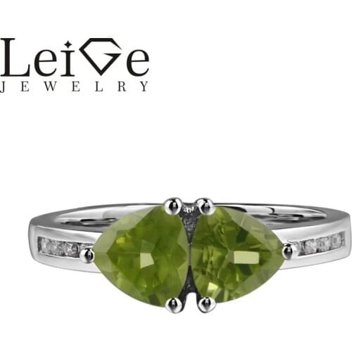 Leige Jewelry Genuine Natural Peridot Ring Romantic Gifts August Birthstone 925 Sterling Silver Ring Trillion Cut Green Gemstone