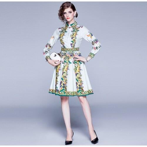 New Autumn Runway Dress Womens Long Sleeve Charming Flower Print Striped A Line Pleated Holiday Casual Shirt Dress K6715