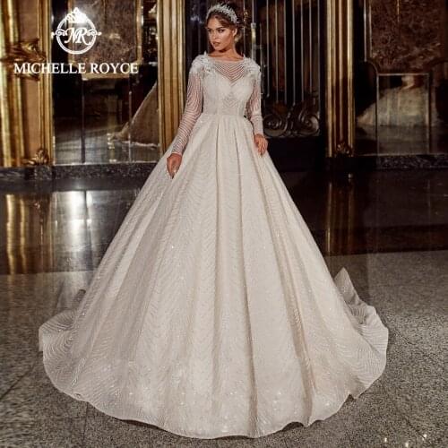 Michelle Royce A-Ling Wedding Dresses 2020 Scoop Appliques Button Princess Luxury Chapel Train Bridal Gowns Vestido De Noiva