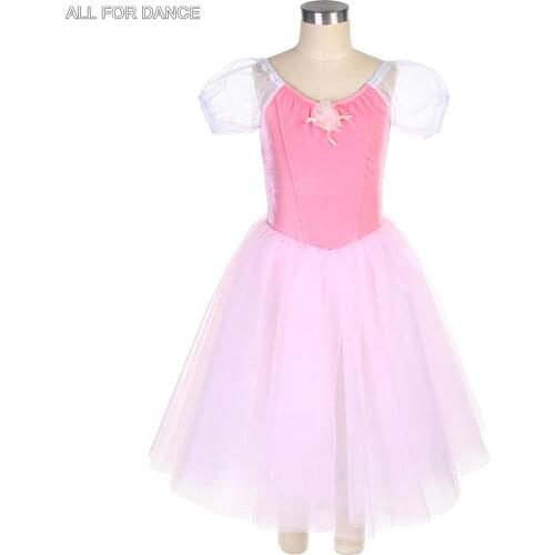 Puff Sleeve Pale Pink Stretch Velvet Bodice with Attahced Long Tutu Romantic Tutu Skirt for Girls and Women Ballet Dancing 19844