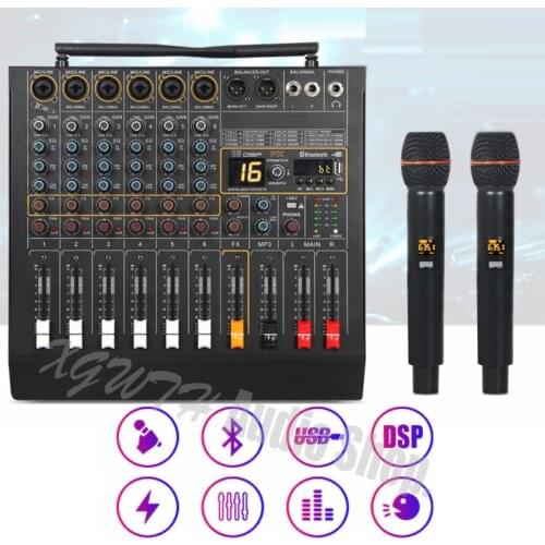 6 Channel 450W + 450W Power Amplifier Studio Audio Mixer Bluetooth USB Mixing Console 2 Handheld Wireless Microphone