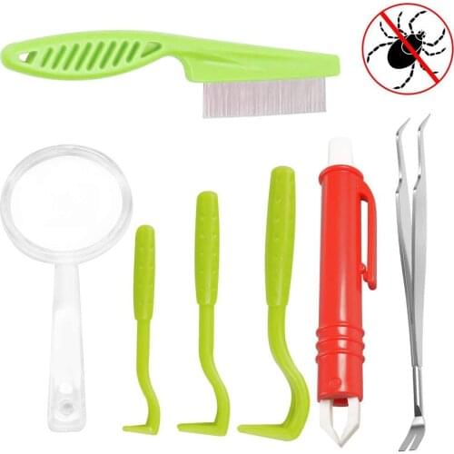 7 Pcs Pet Dog Tick Remover Tool Set Tick Hook Flea Tick Tweezers Clip Remover Flea Comb Magnifying Glass For Dogs Cats